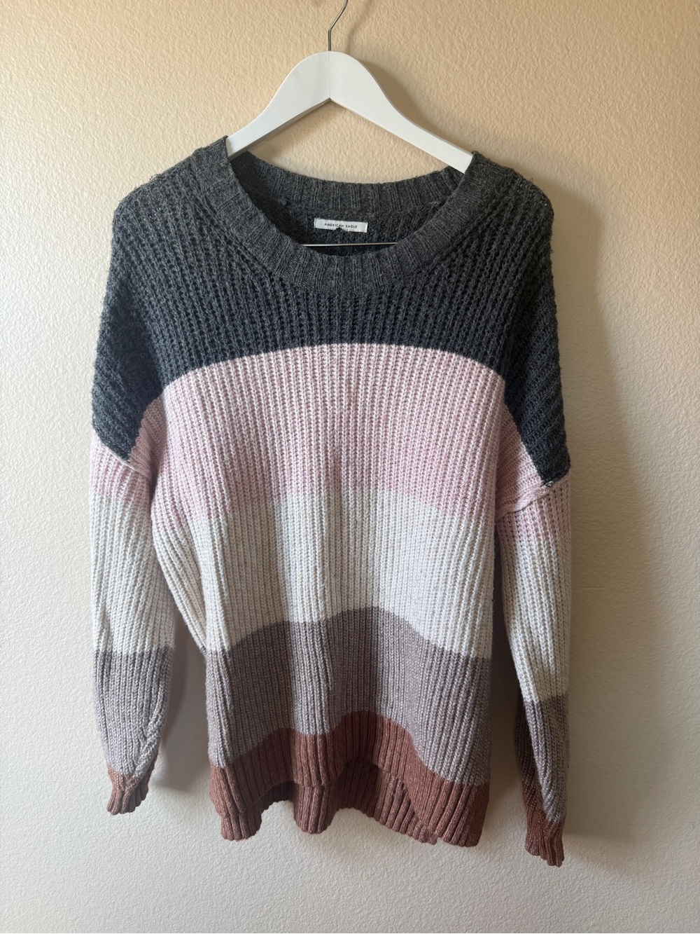 American Eagle Striped Knit Crewneck Sweater - Gray, Pink, Cream, Brown